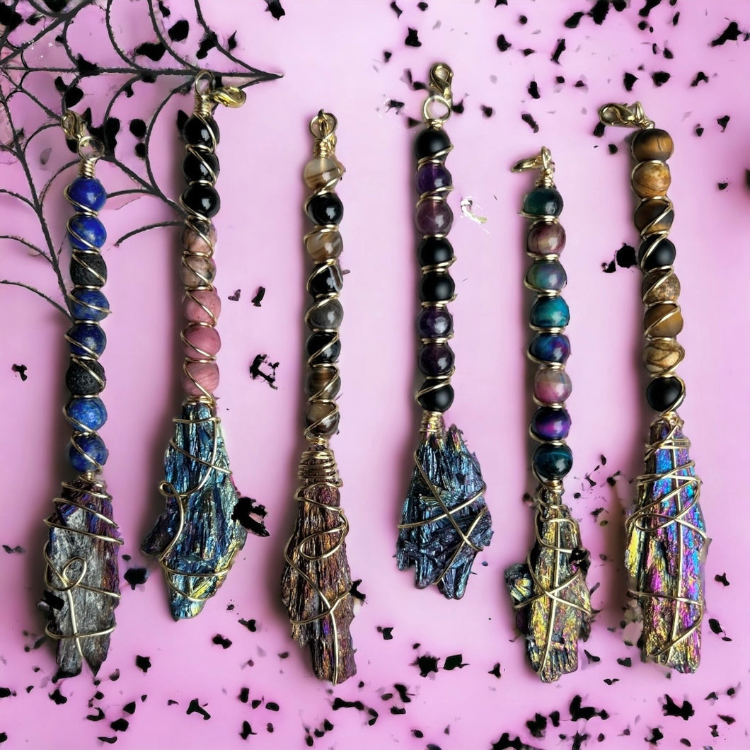 Titanium Aura Kyanite Witch Broom wire wrapped