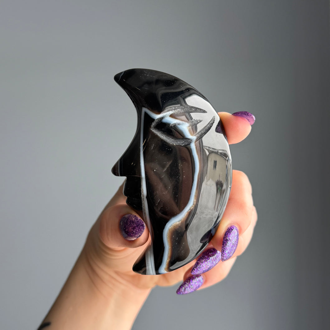 Black Agate Polished Moon Carving Specimen (BA01)