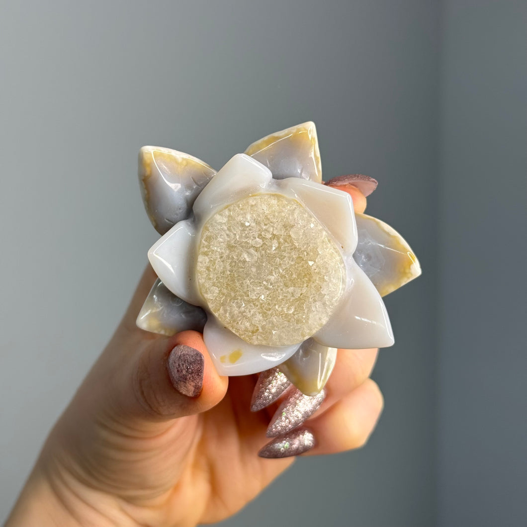 Agate Druzy Lotus Flower Carving specimen