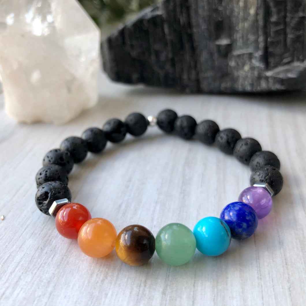 7 Chakra Healing Stretch Bracelet with Lava Stone - Hematite