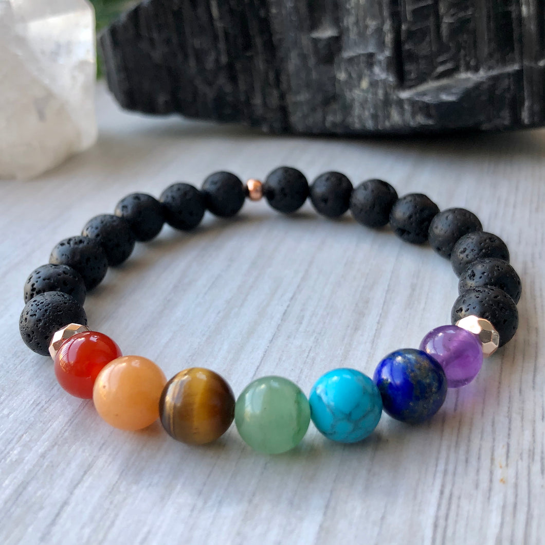 7 Chakra Healing Stretch Bracelet with Lava Stone - Rose Gold