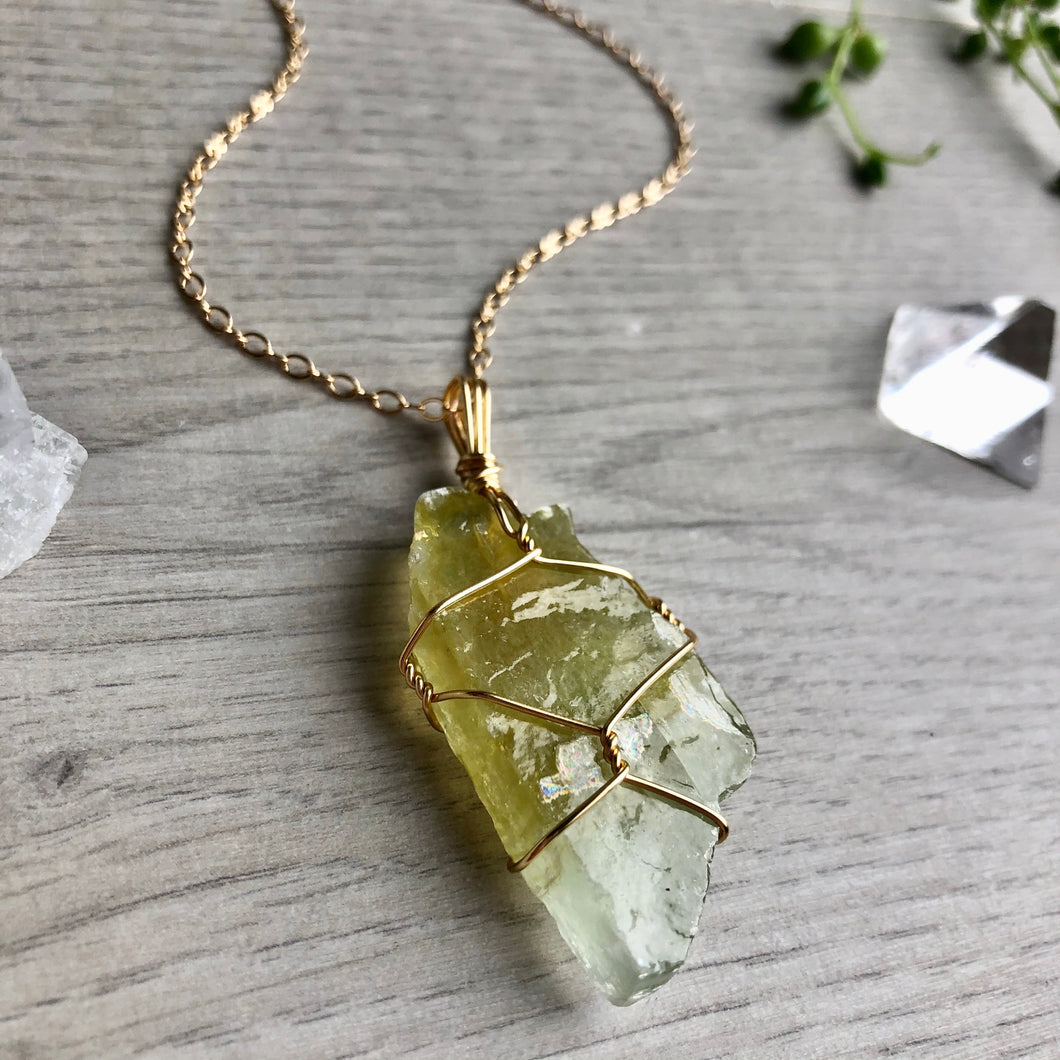 Green Calcite (Raw) Wire Wrapped Necklace