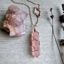 Rose Quartz with Diamond wire wrapped crystal necklace