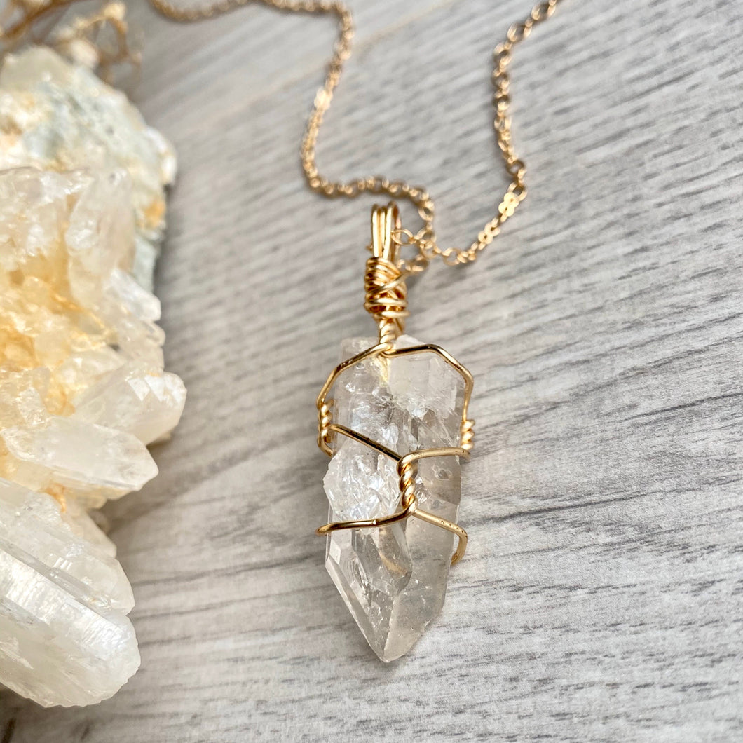 Clear Quartz Gold Wire Wrapped Necklace