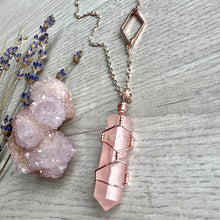 Rose Quartz with Diamond wire wrapped crystal necklace