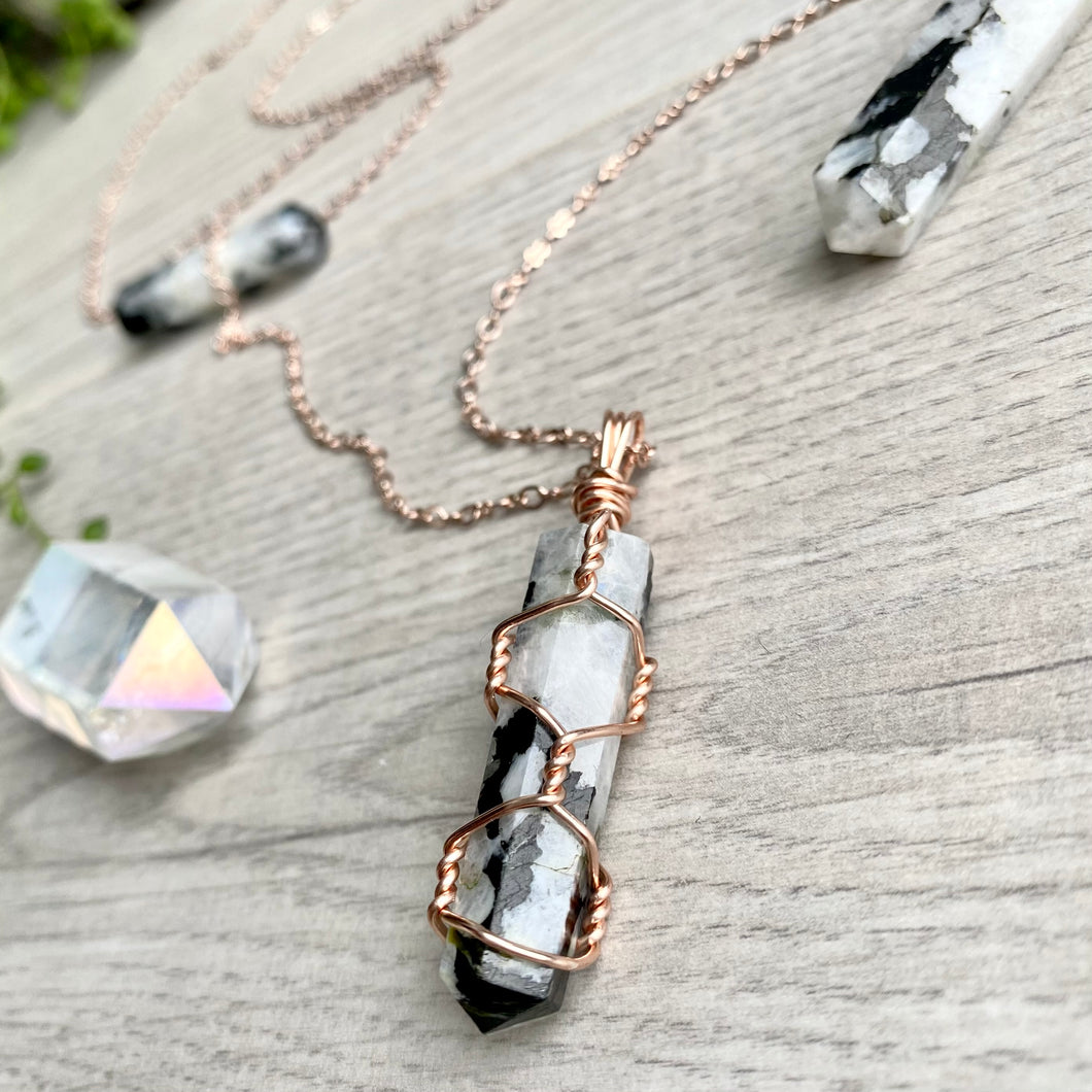 Rainbow Moonstone wire wrapped crystal necklace
