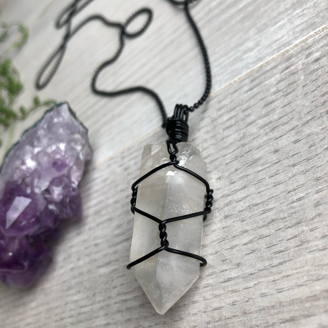 Clear Quartz Black Wire Wrapped Necklace