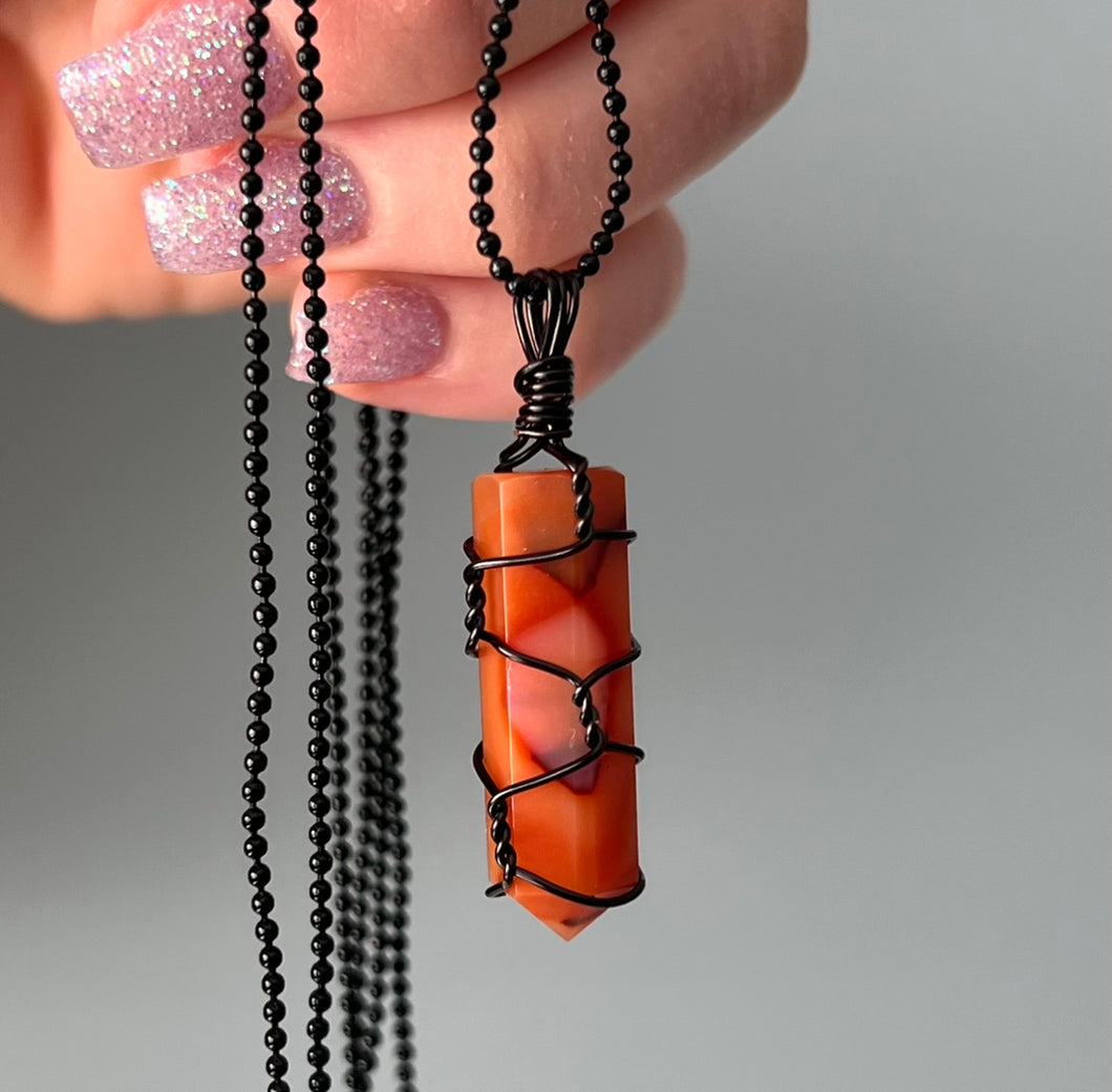 Carnelian Black Wire Wrapped Crystal Necklace