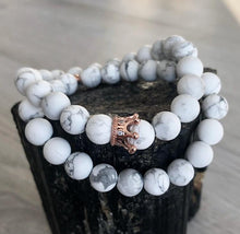 Howlite Stretch Bracelet (set) with rose gold crown spacer with pave cubic zirconia gems