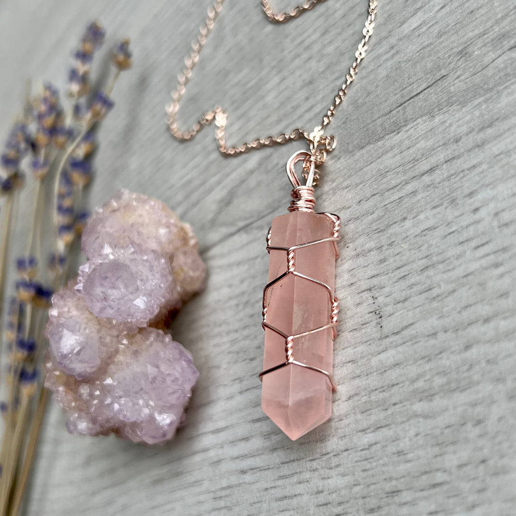 Rose Quartz wire wrapped crystal necklace