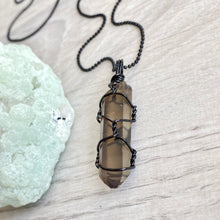 Smoky Quartz wire wrapped necklace on black chain