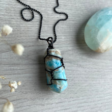 Blue Aragonite (calcite) wire wrapped crystal necklace