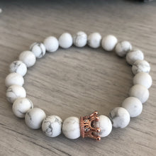 Howlite Stretch Bracelet (set) with rose gold crown spacer with pave cubic zirconia gems