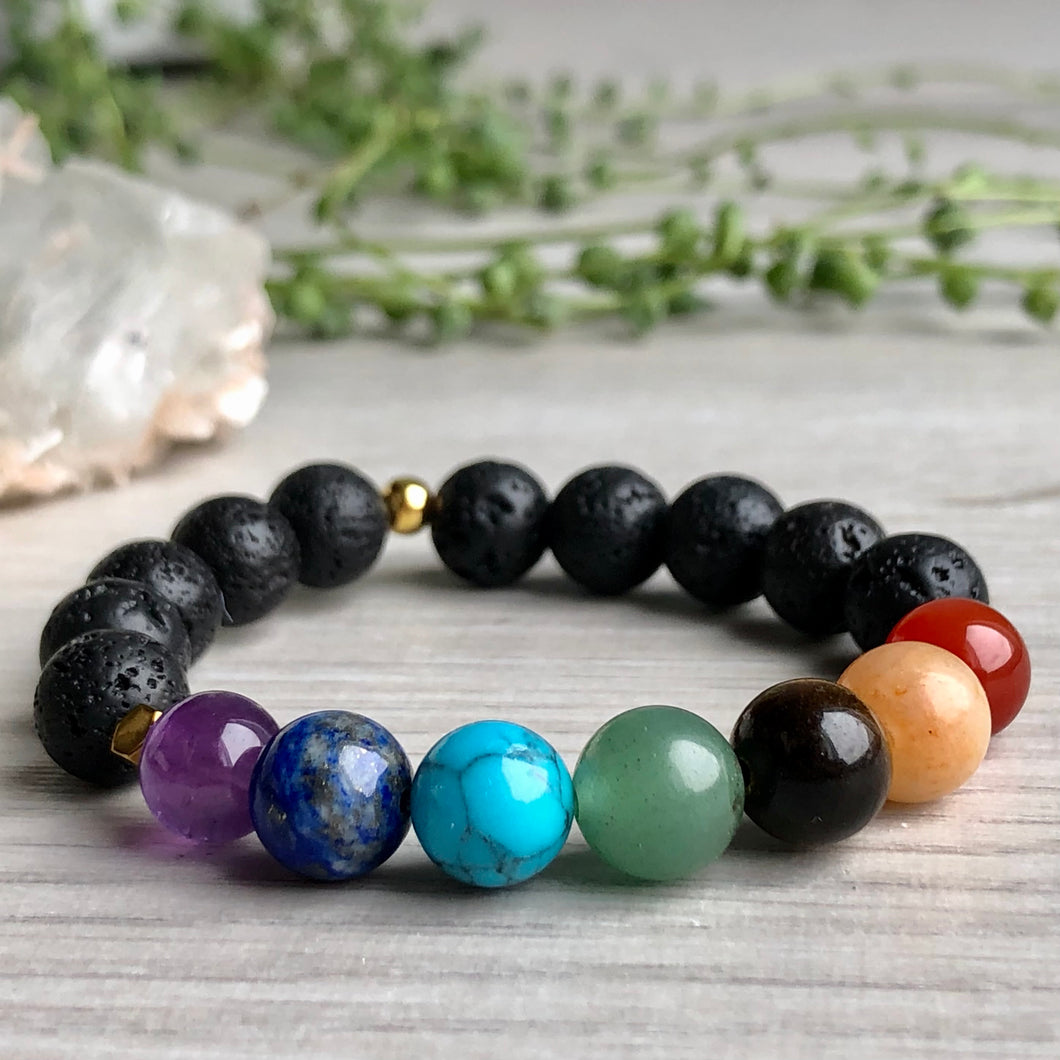 7 Chakra Healing Stretch Bracelet with Lava Stone - Gold