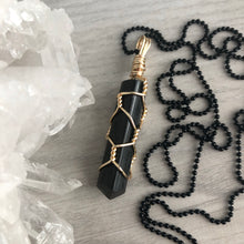 Black Tourmaline gold wire wrapped necklace on black chain