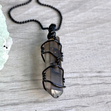 Smoky Quartz wire wrapped necklace on black chain