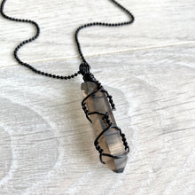 Smoky Quartz wire wrapped necklace on black chain