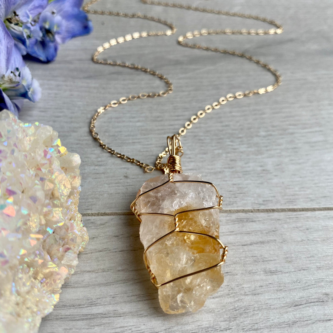 Citrine Wire Wrapped Crystal Necklace