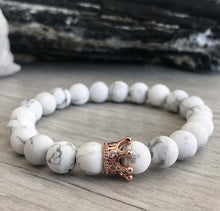 Howlite Stretch Bracelet (set) with rose gold crown spacer with pave cubic zirconia gems