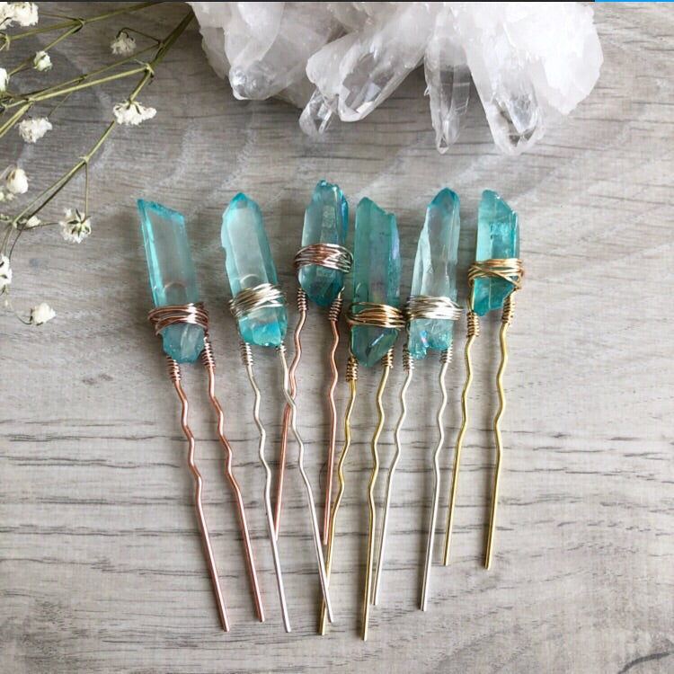 Aqua Aura Quartz Crystal Hair Pin Accessory