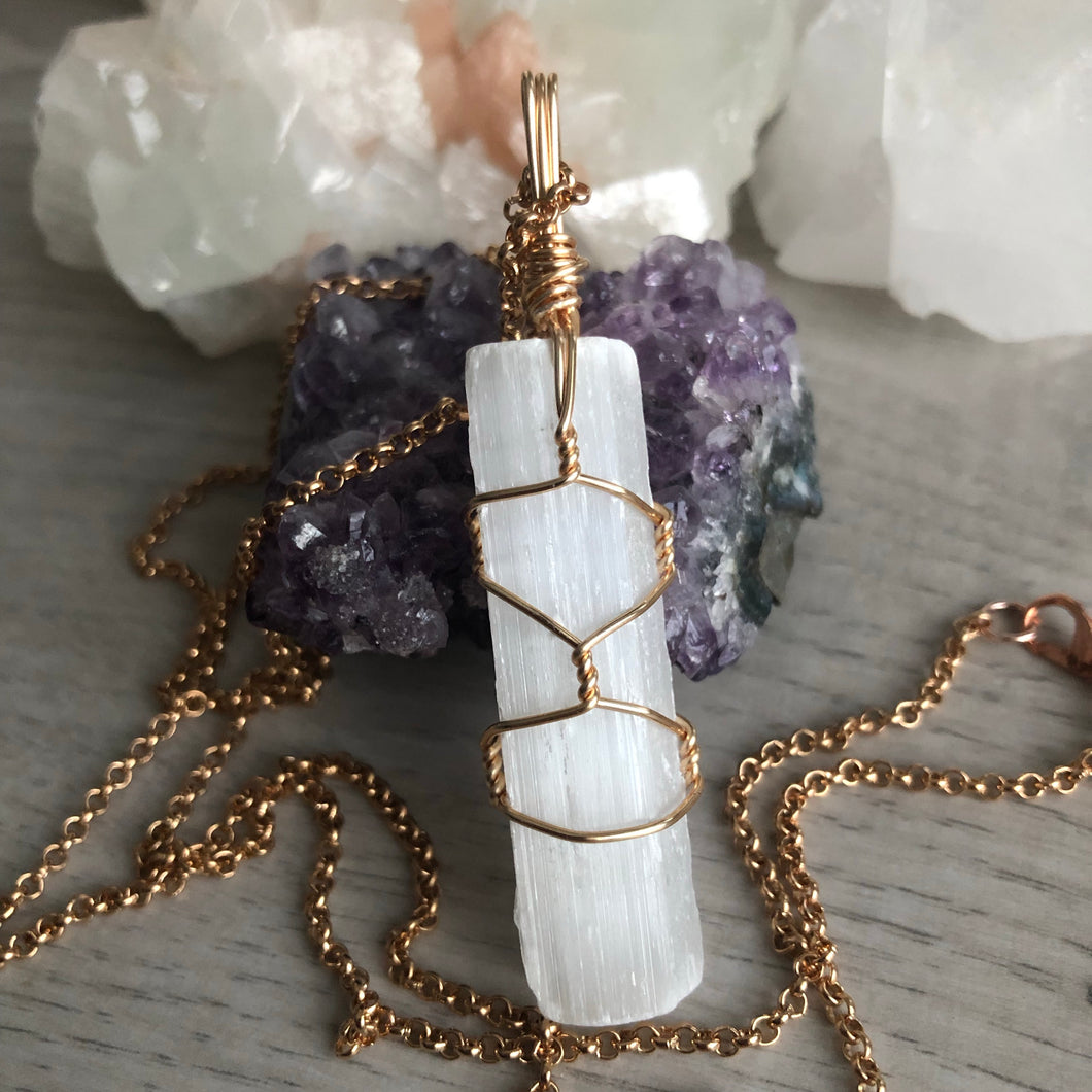 Selenite Wand Crystal Wire Wrapped Necklace