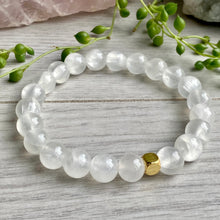 Selenite Beaded Stretch Bracelet with Gold Hematite Spacer