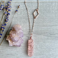 Rose Quartz with Diamond wire wrapped crystal necklace