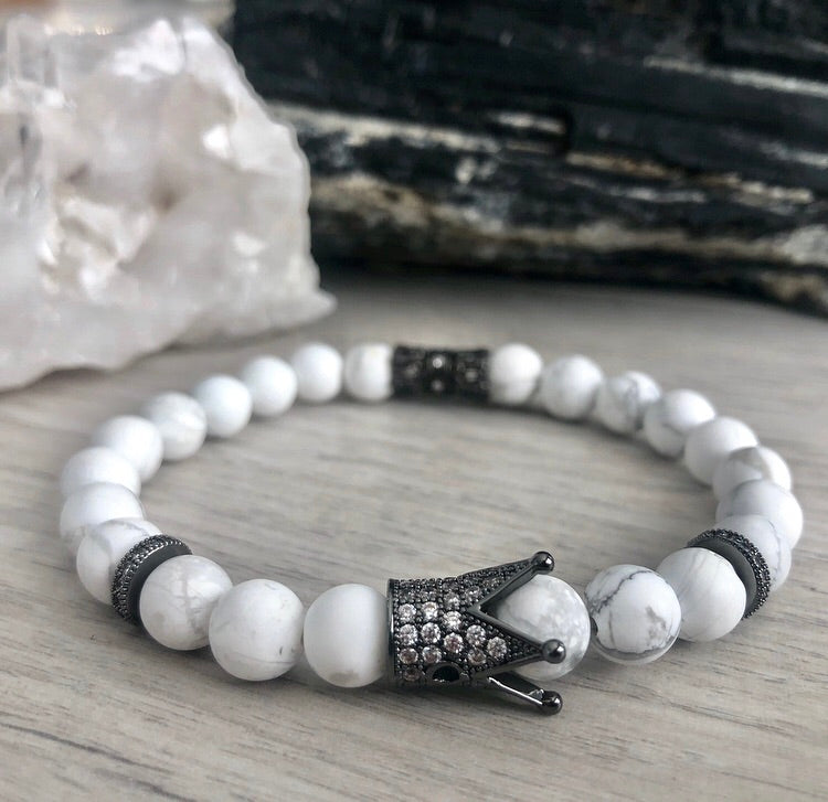 Howlite Stretch Bracelet with black crown and spacers with pave cubic zirconia gems (93)