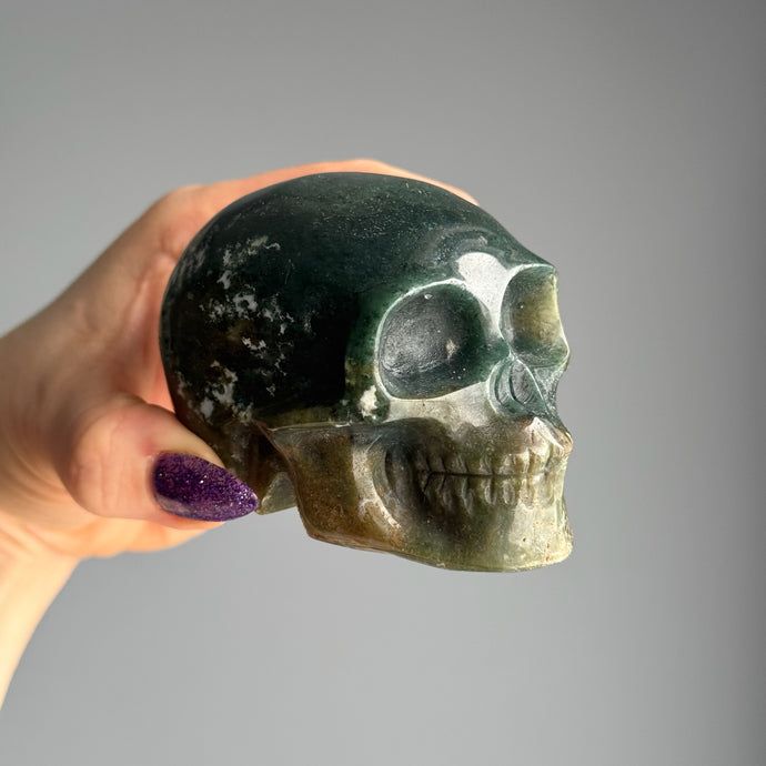 Moss Agate Skull Carving Specimen (MA01)