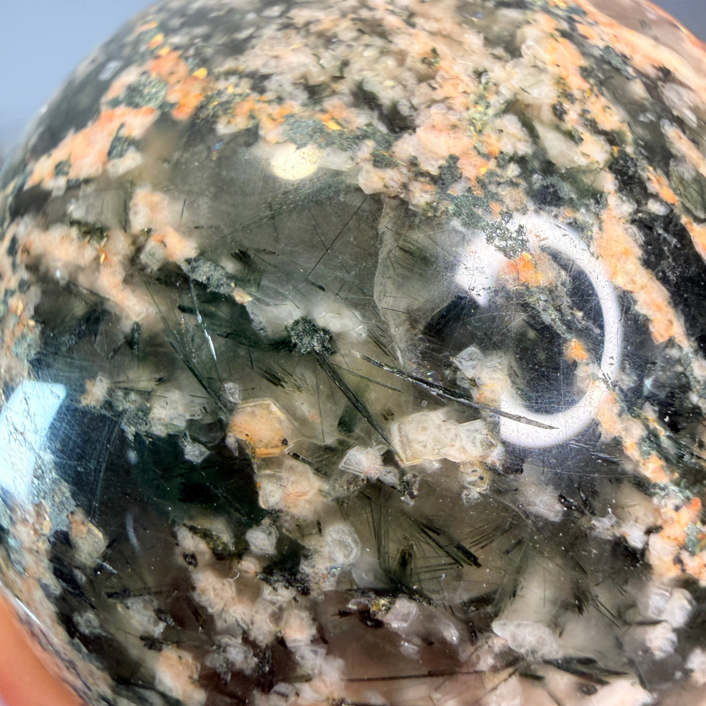 Epidote Quartz with Plume Polished Sphere Specimen
