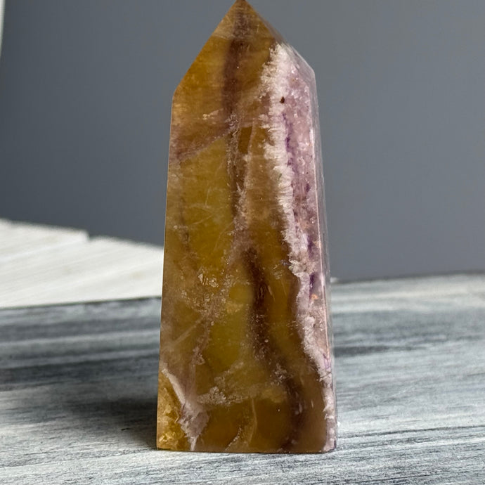 Yellow and Purple Flourite Tower Crystal Specimen