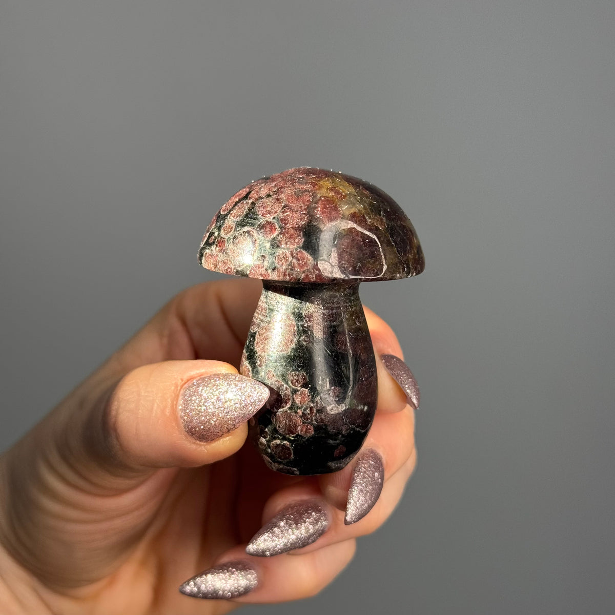 Garnet in Arfvedsonite Mushroom Crystal Carving – Wholehearted Crystal Creations
