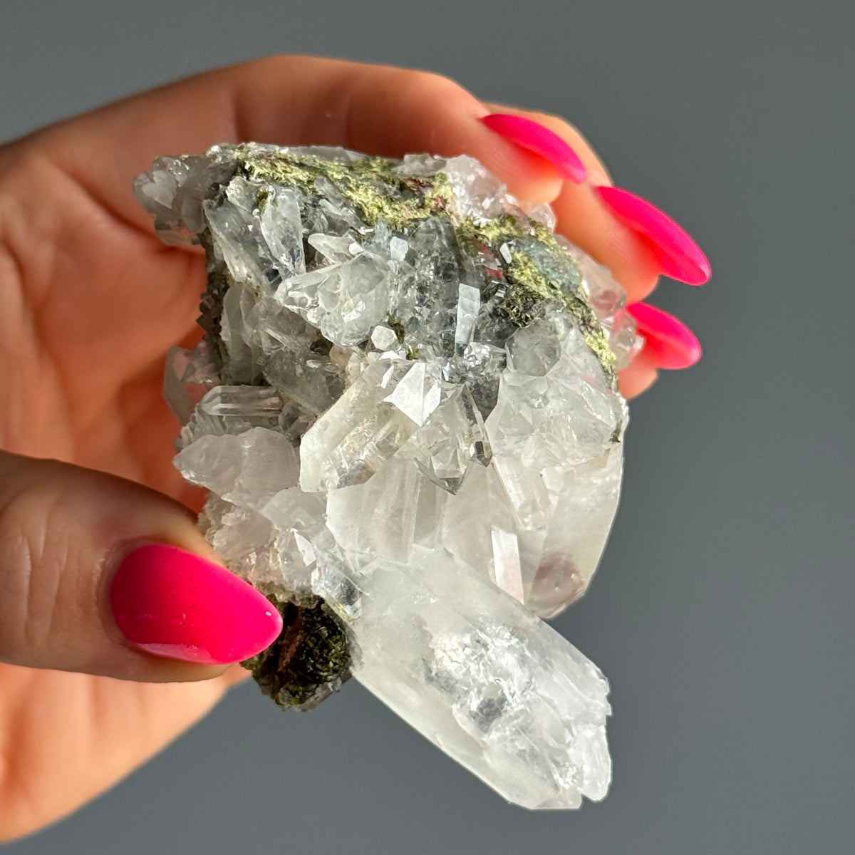 Epidote and Chlorite in Quartz Specimen – Wholehearted Crystal Creations