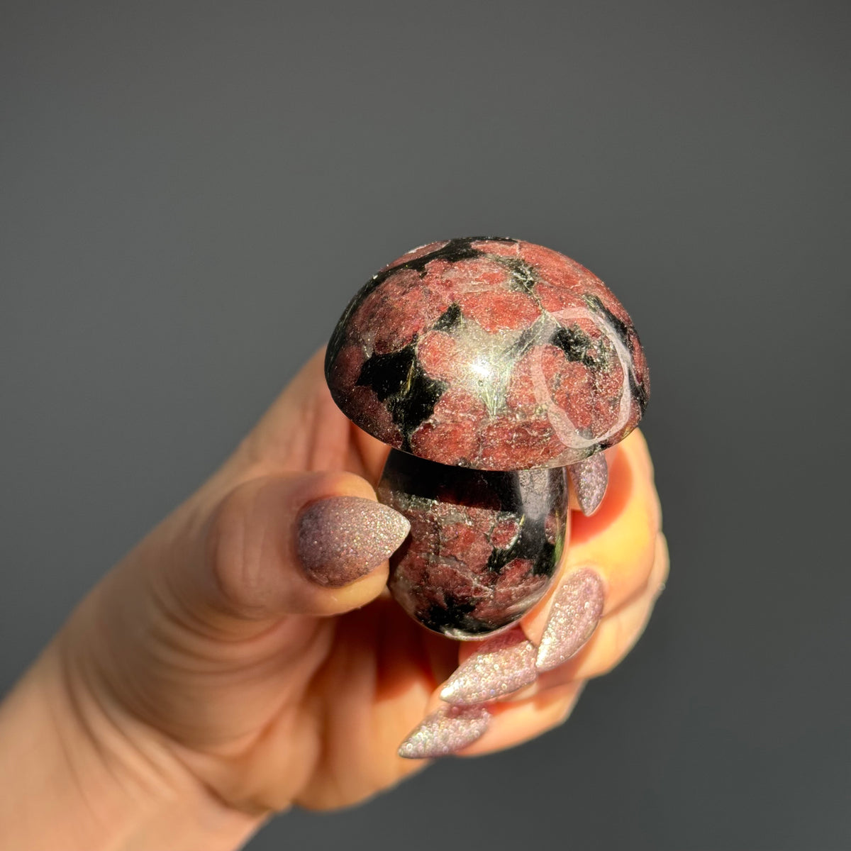 Garnet in Arfvedsonite Mushroom Crystal Carving – Wholehearted Crystal Creations