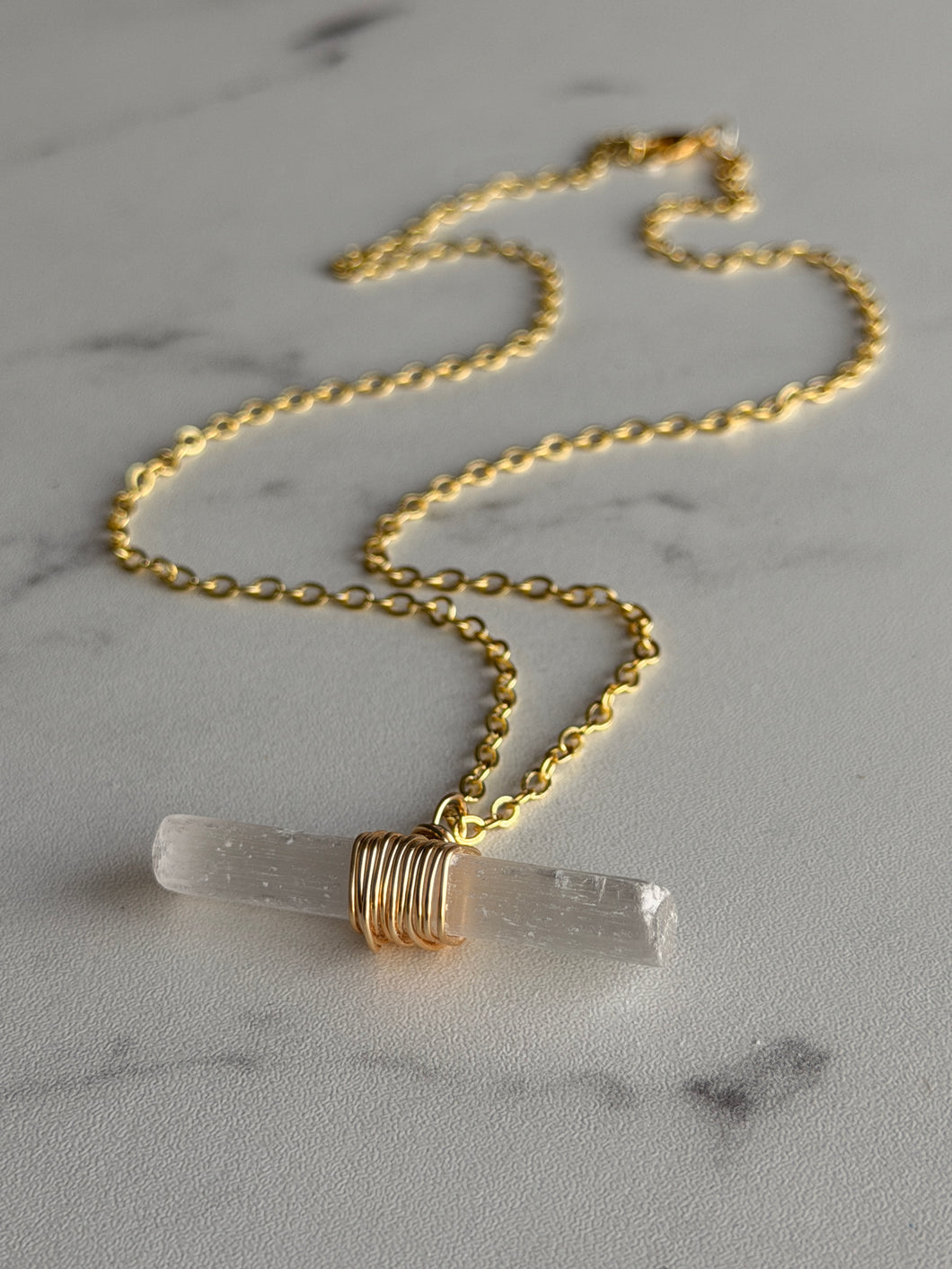 Selenite Bar Horizontal Wire Wrapped Necklace