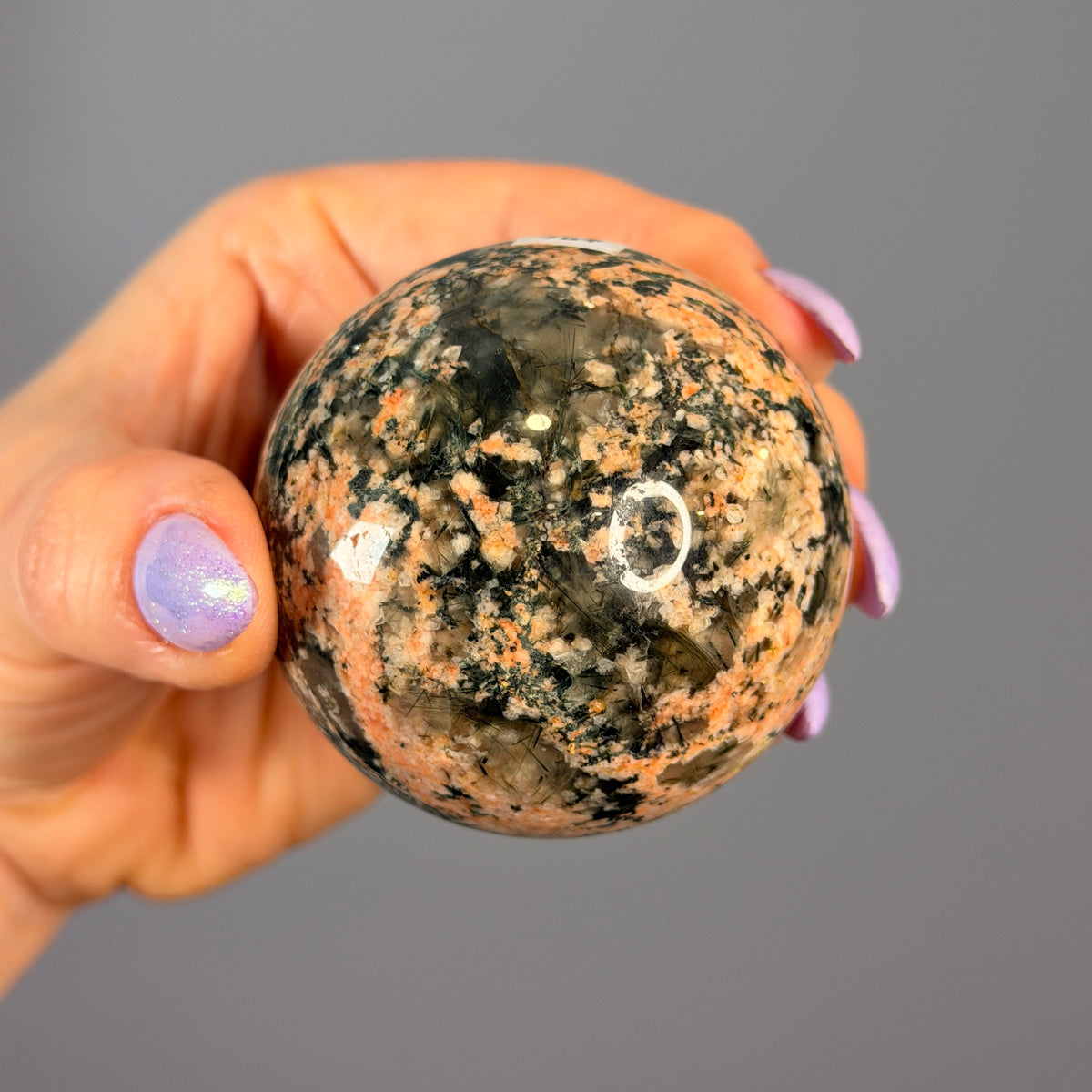 Epidote Quartz with Plume Polished Sphere Specimen