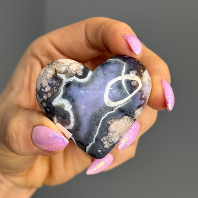 Blue Flower Agate Heart Carving Palm Stone Specimen C