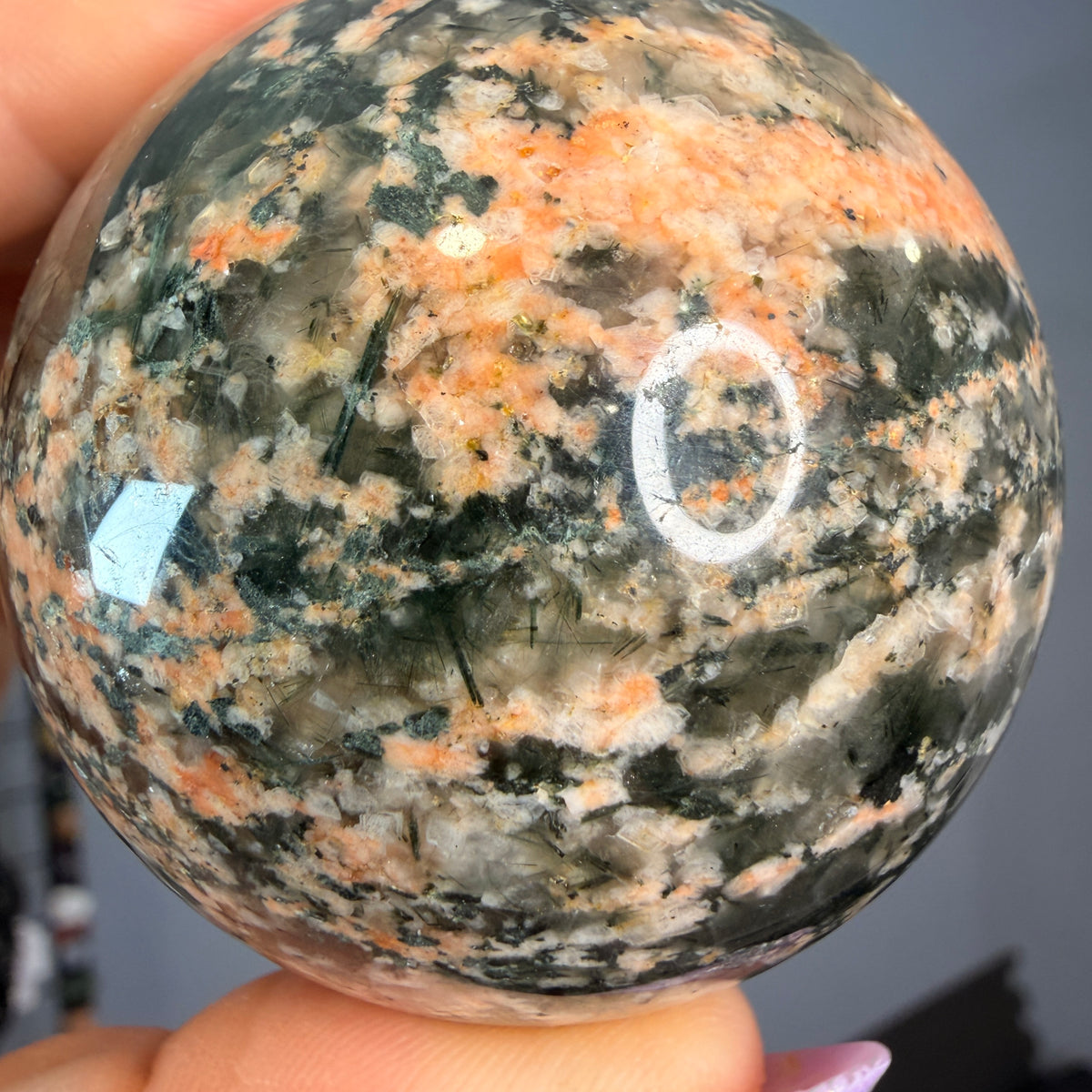 Epidote Quartz with Plume Polished Sphere Specimen