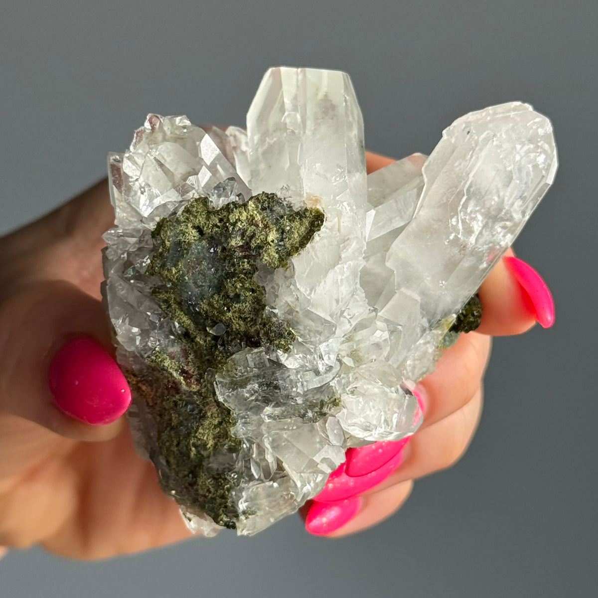 Epidote and Chlorite in Quartz Specimen – Wholehearted Crystal Creations