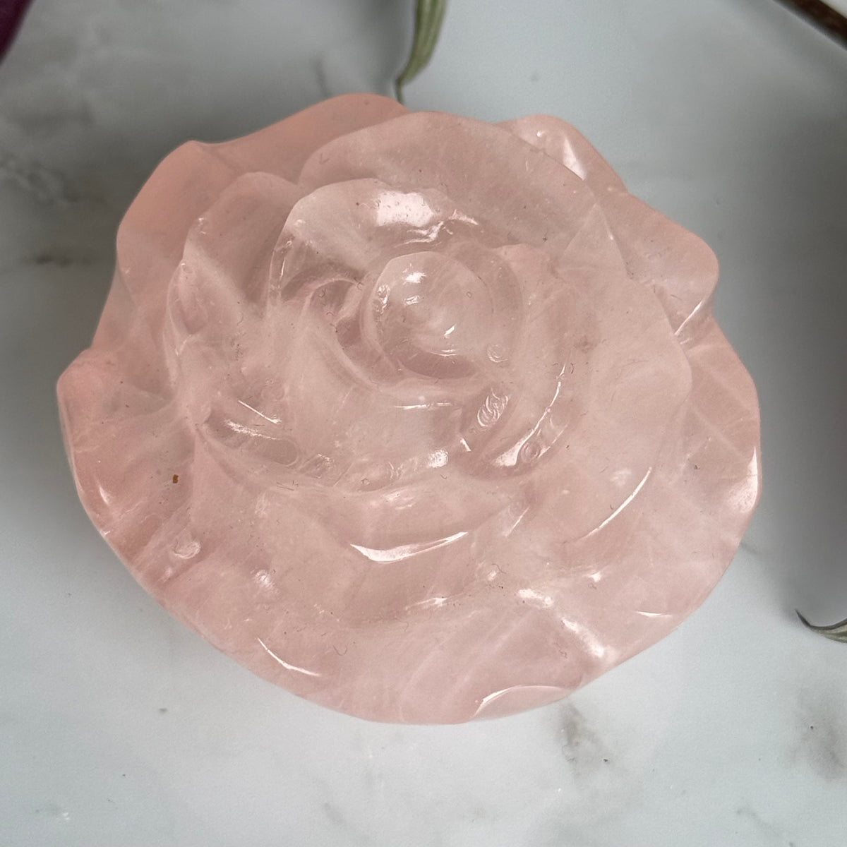 Rose Quartz carved rose specimen — side view