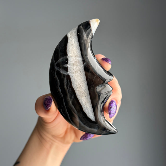Black Agate Polished Moon Carving Specimen (BA02)