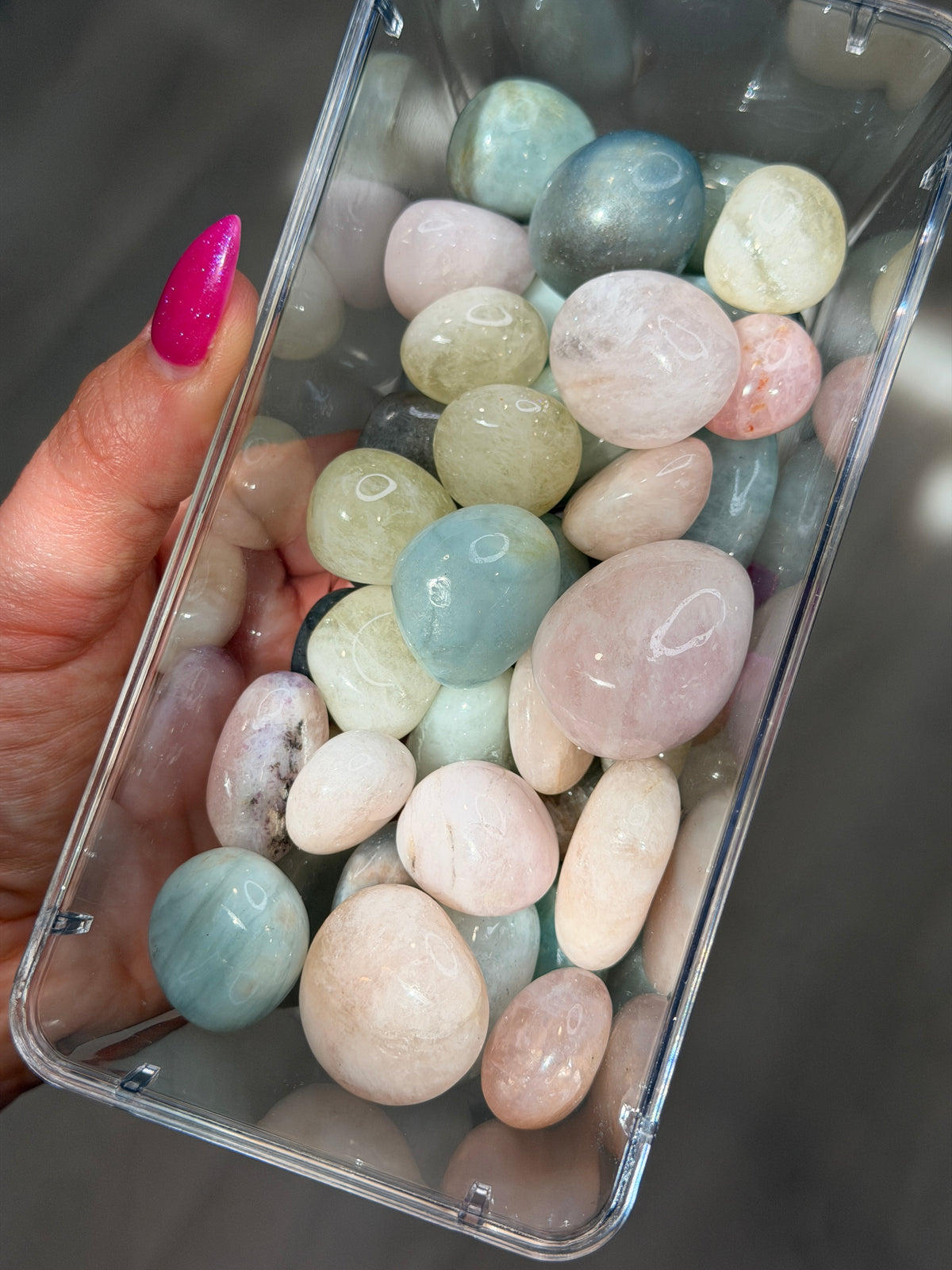 Morganite, Heliador, Aquamarine Beryls and Prehnite Tumble Stone Specimens