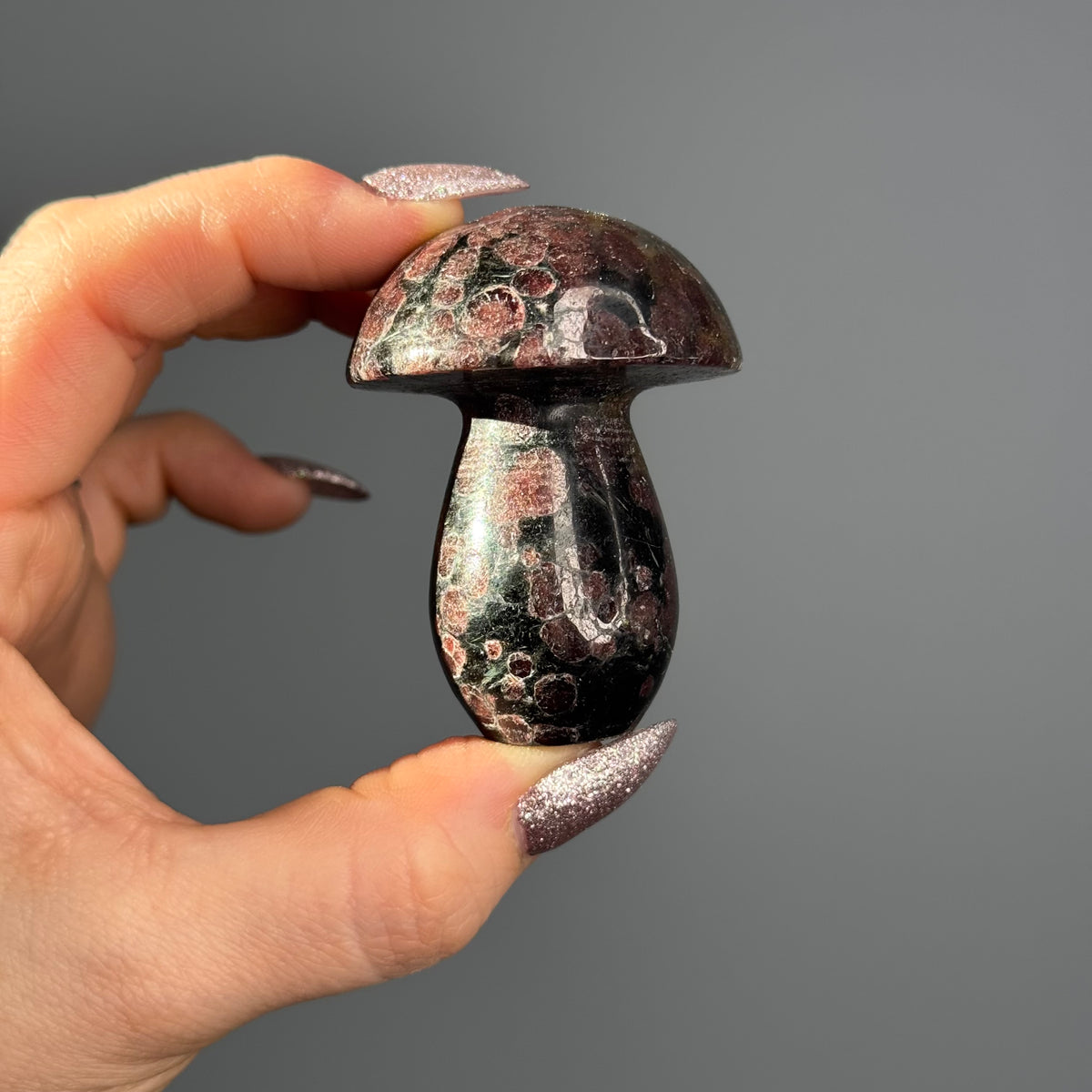 Garnet in Arfvedsonite Mushroom Crystal Carving – Wholehearted Crystal Creations