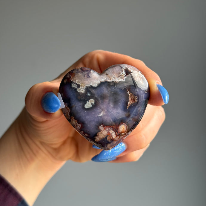 Blue Flower Agate Palm Stone Heart Specimen