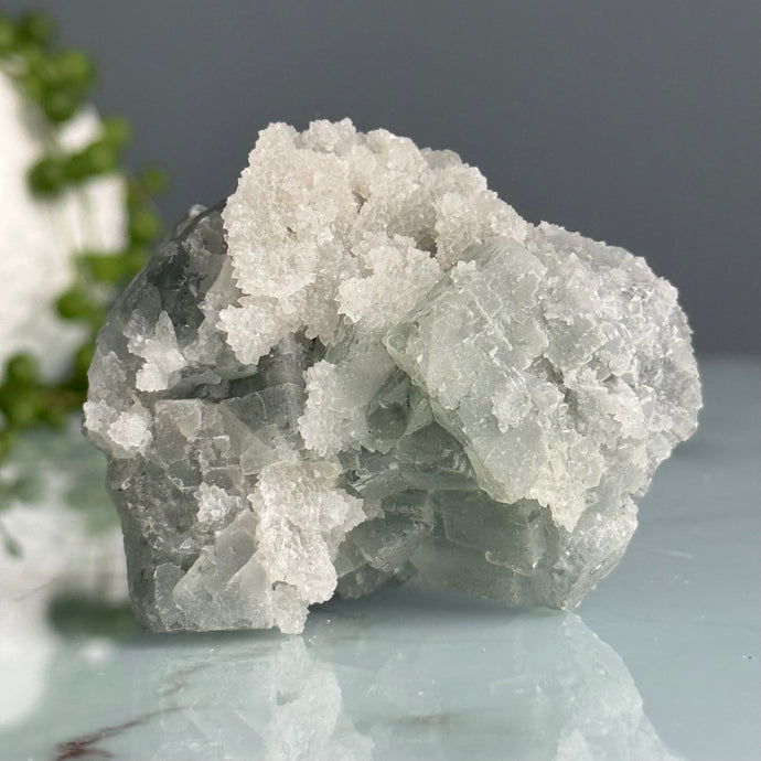 Etched QR Code Fluorite with Calcite Crystal Specimen