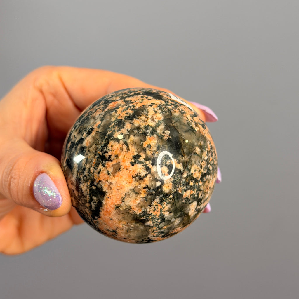 Epidote Quartz with Plume Polished Sphere Specimen