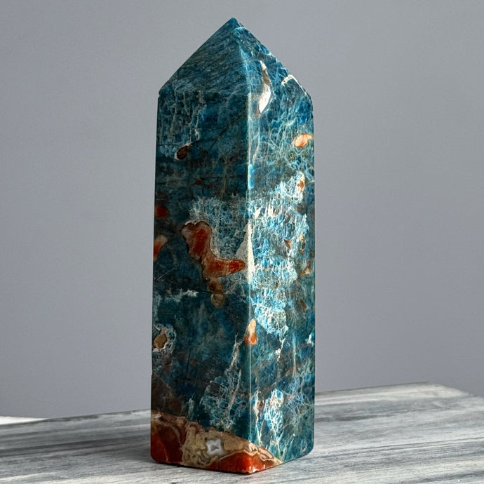 Blue Apatite + Orange Calcite + Sunstone Tower Specimen