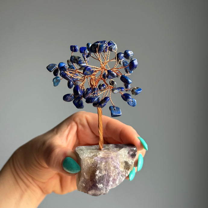 Lapis Lazuli & Rainbow Fluorite Crystal Chip Tree with Copper Specimen