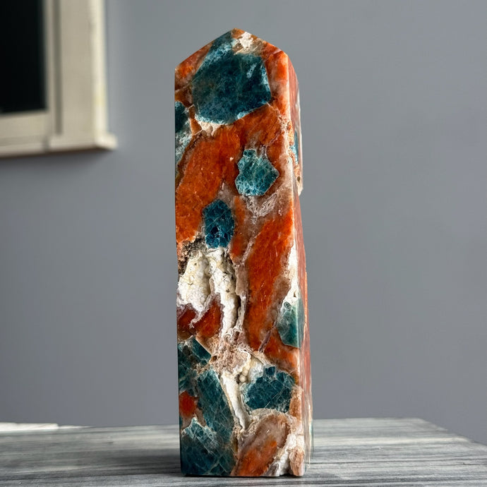 Blue Apatite + Orange Calcite + Sunstone Tower Specimen