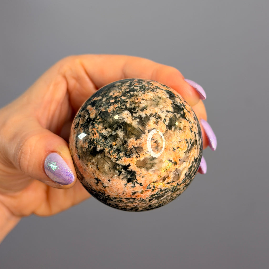 Epidote Quartz with Plume Polished Sphere Specimen